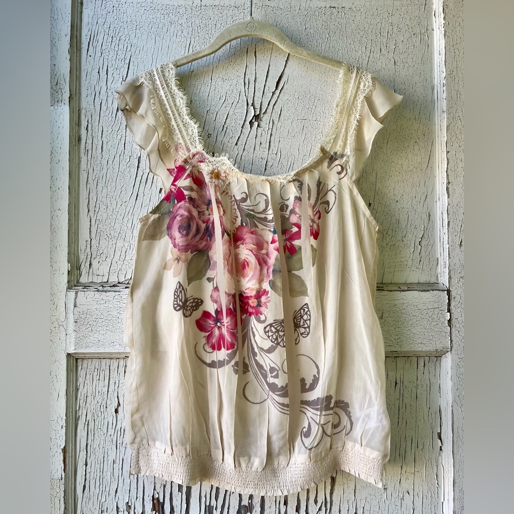 Pink Floral Print Lace Trim Tank Top Camisole
